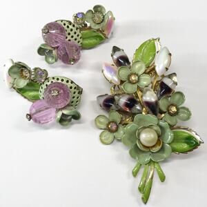 Vintage 1930s Art Deco Czechoslovakian Iris Glass Clip Earrings Brooch Victorian